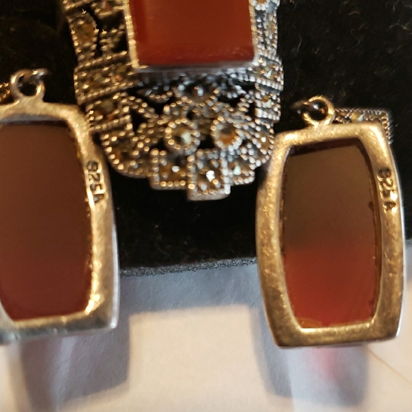 Old Silver 925 Jewelry Set,Carnelian Stone,Marcasite.Ring Size8. - Picture 8 of 10